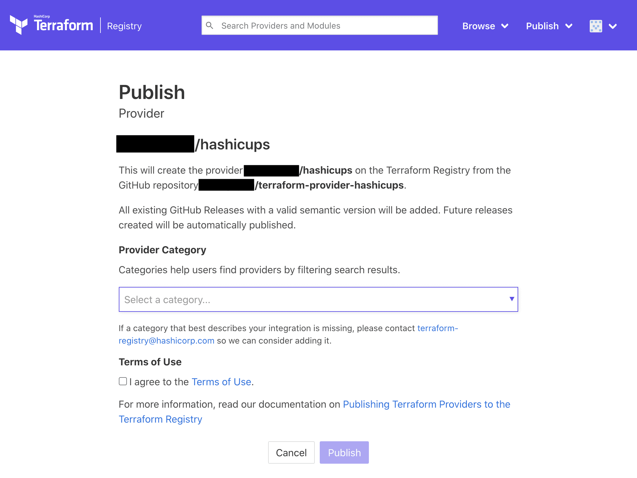 Terraform Registry publish provider confirmation page