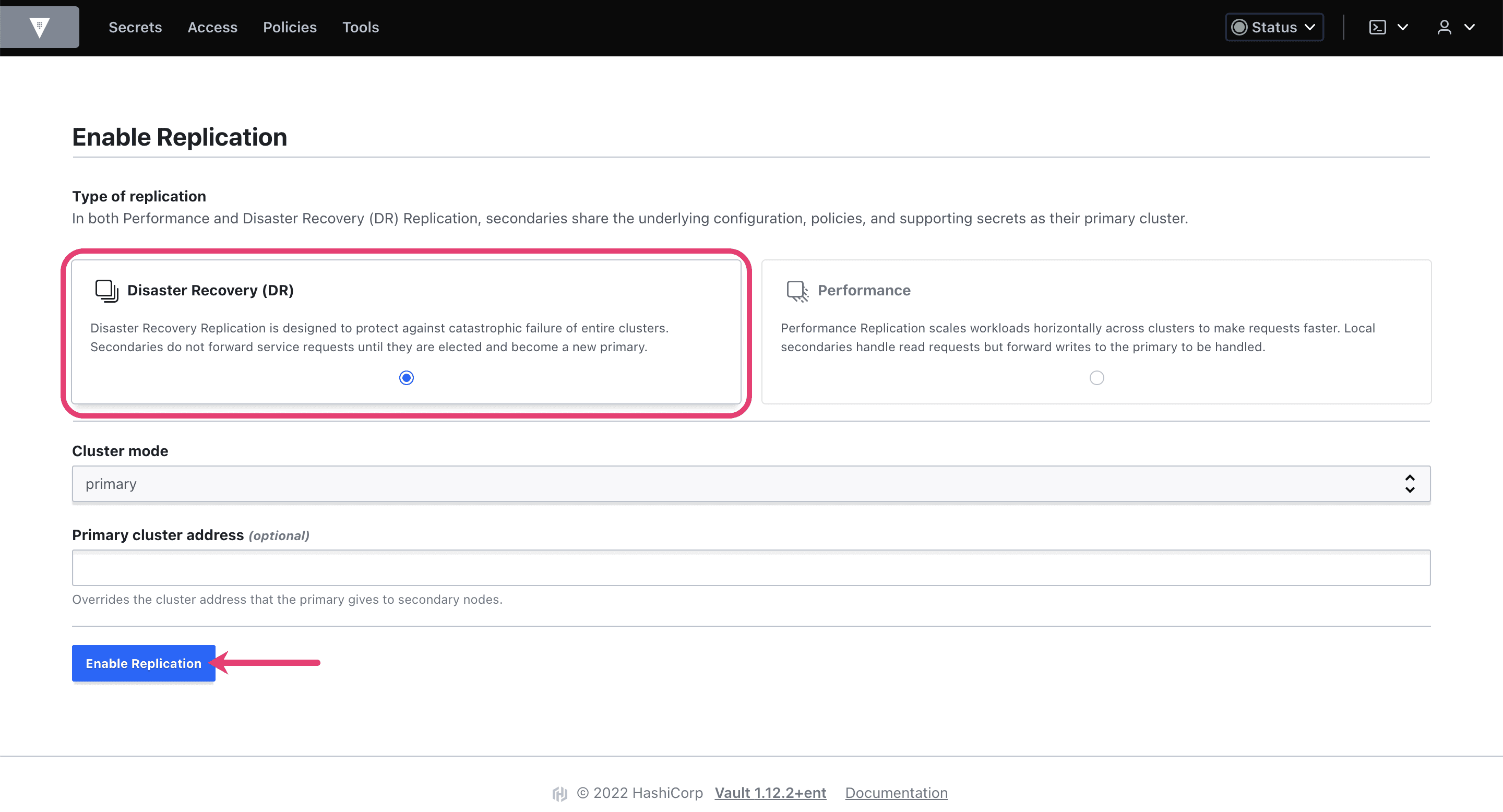 Selecting 'disaster recovery' from the two options