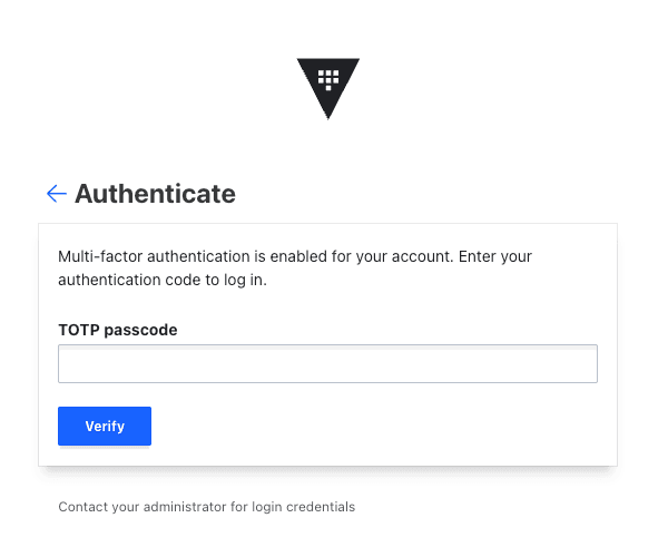 Vault UI after entering credentials and being prompted for the TOTP code